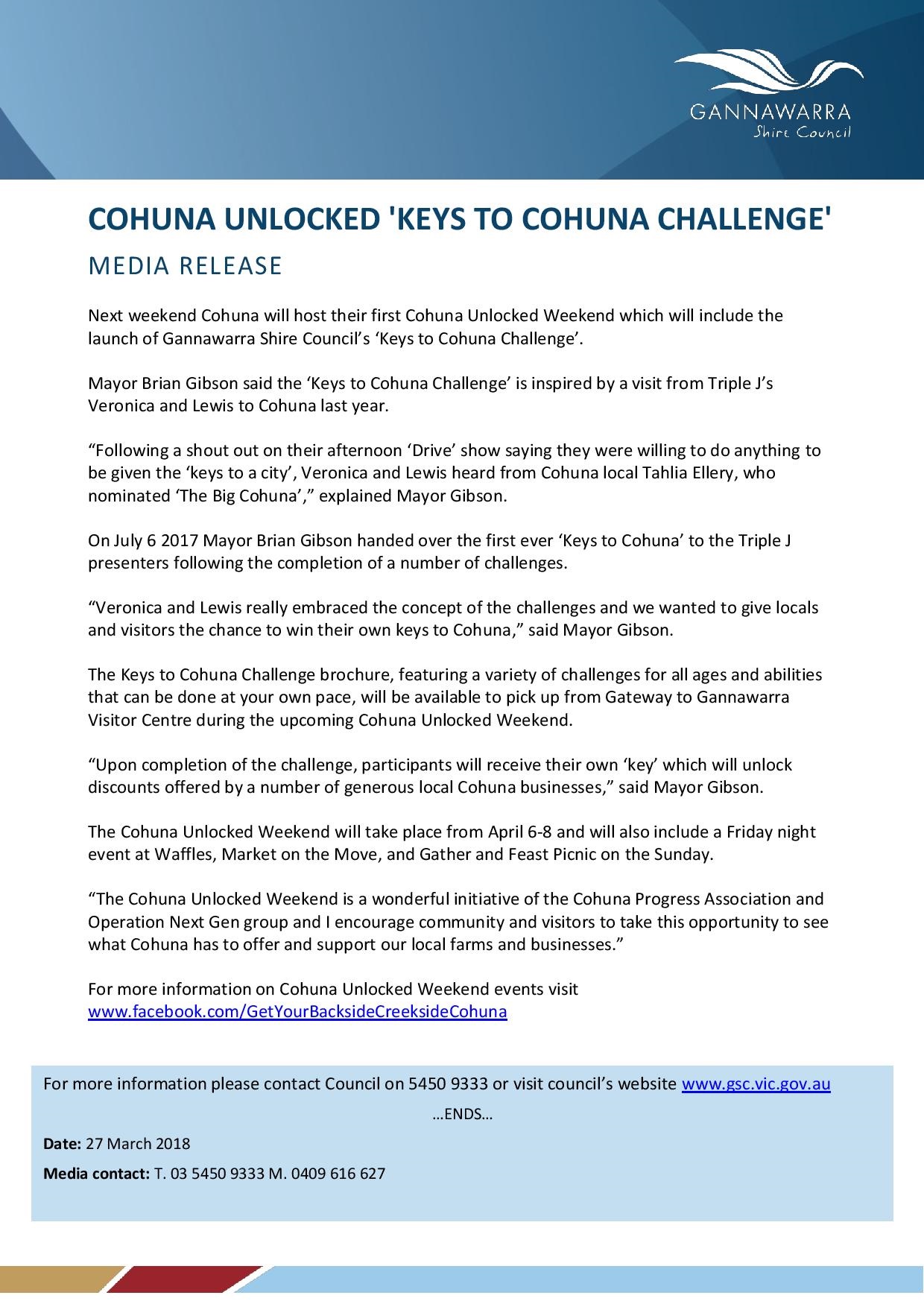 Cohuna Unlocked 'Keys to Cohuna Challenge' Gannawarra Shire Council